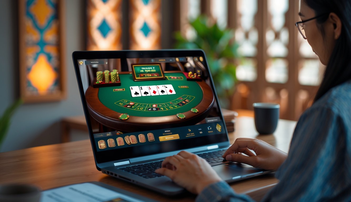 Seseorang bermain blackjack online di depan komputer dengan latar belakang elemen budaya Indonesia.