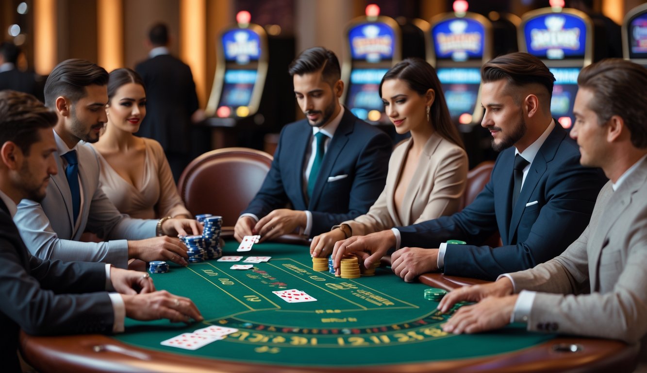 Meja blackjack kasino dengan dealer dan beberapa pemain yang sedang bermain kartu di dalam ruangan.