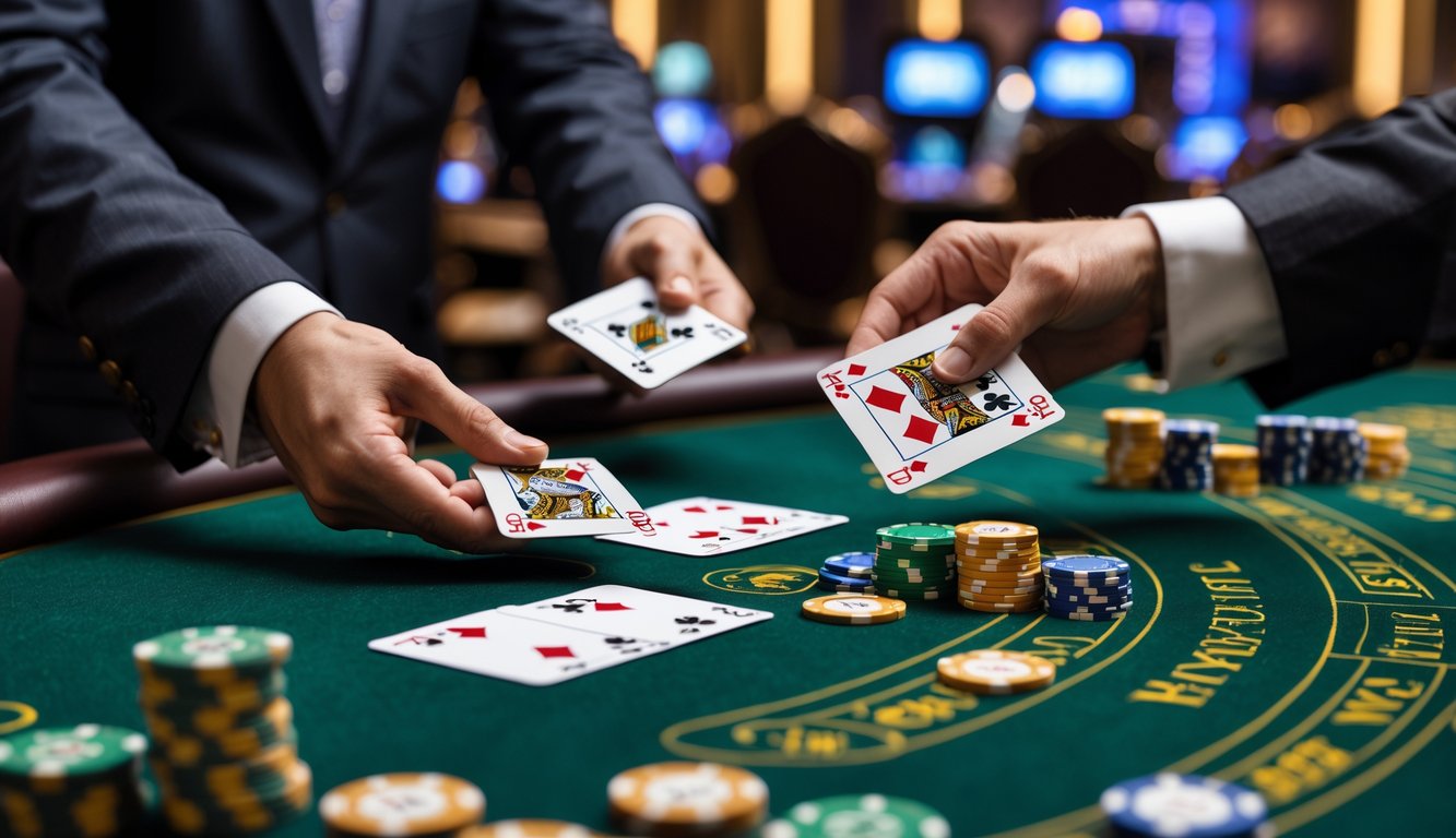 Meja blackjack dengan dealer membagikan kartu dan tangan pemain memegang kombinasi kartu blackjack yang menang.