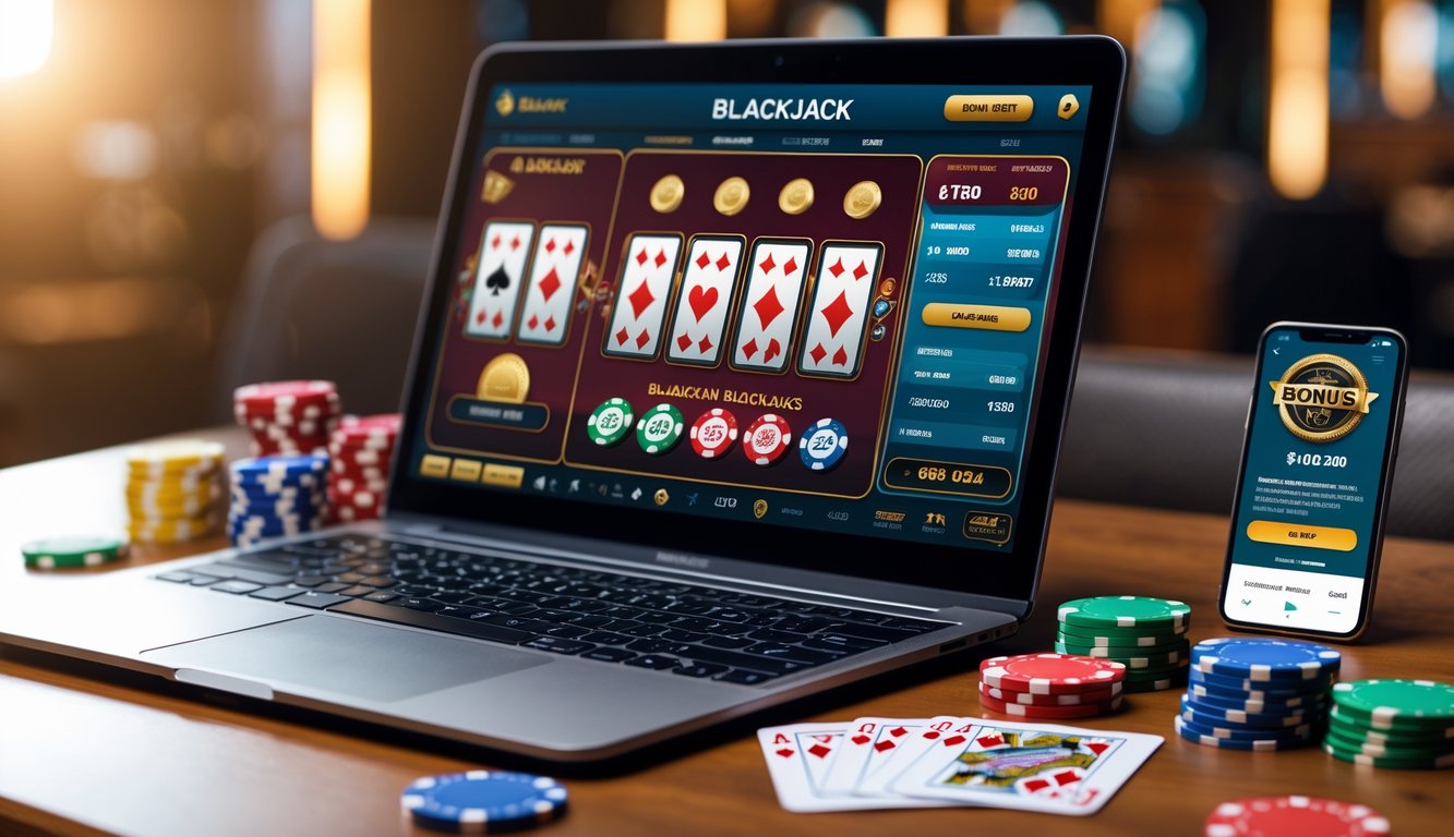 Sebuah komputer dengan permainan blackjack online di layar, dikelilingi oleh chip poker dan kartu remi di atas meja.