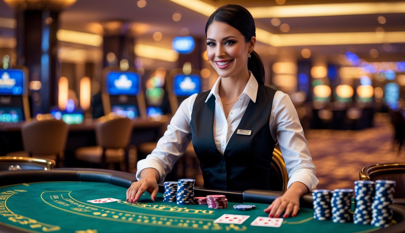 Seorang dealer blackjack wanita sedang membagikan kartu di meja kasino dengan tumpukan chip dan suasana kasino di latar belakang.