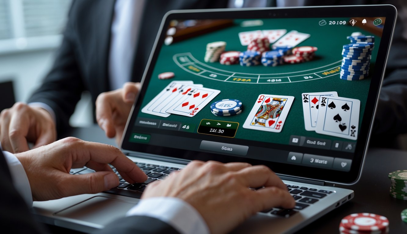 Seseorang sedang bermain permainan blackjack online di layar laptop dengan kartu dan chip terlihat jelas.