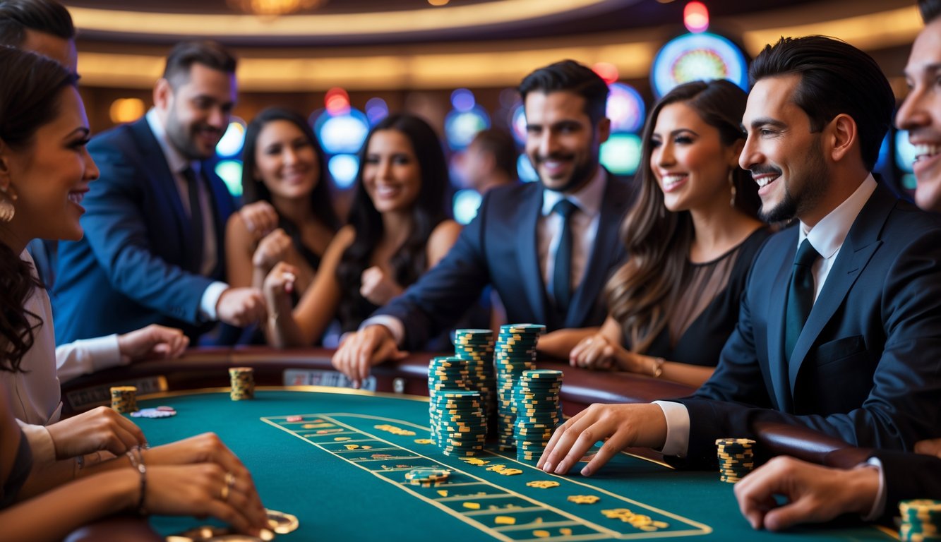 Meja blackjack di kasino dengan tumpukan chip dan pemain yang terlihat antusias.