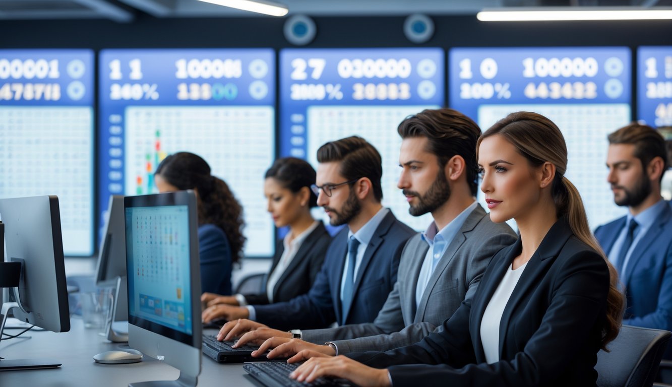 Sekelompok profesional bekerja di kantor modern dengan komputer menampilkan angka dan grafik lotre.
