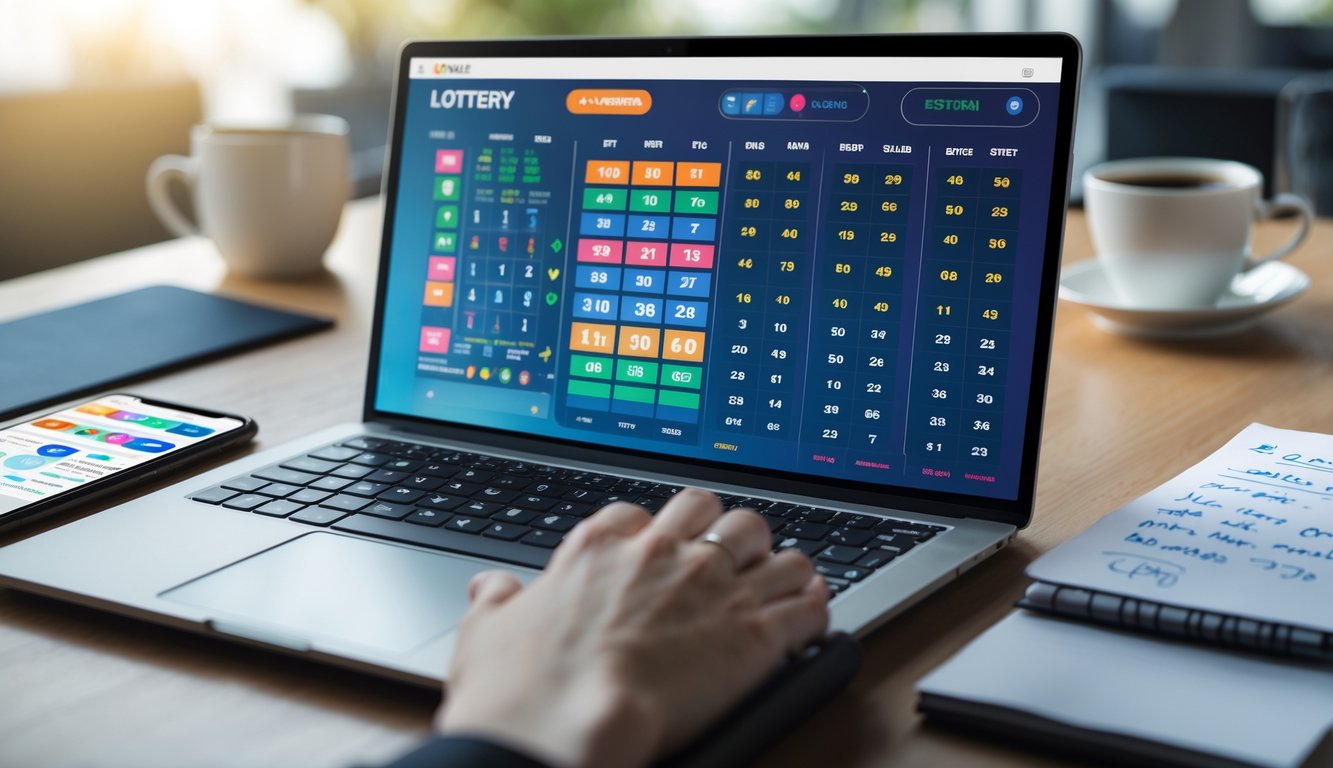 Seorang pria bekerja di depan laptop dengan tampilan antarmuka lotere digital dan beberapa alat kerja di meja.