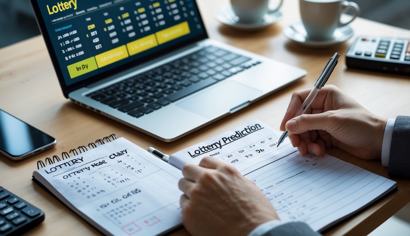 Meja kerja modern dengan laptop, tangan memegang pena dan buku catatan berisi perhitungan, serta alat tulis di sekitarnya.