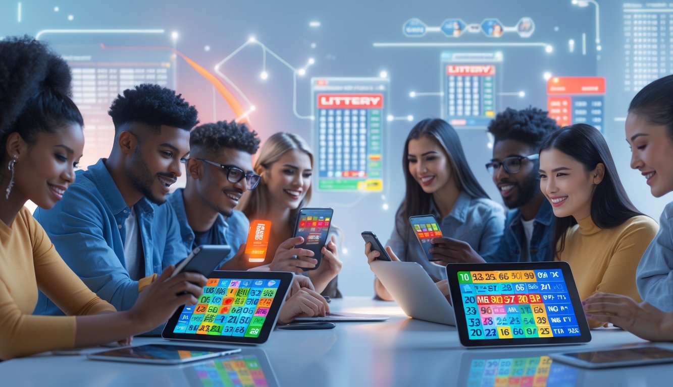 Sekelompok orang muda menggunakan perangkat digital untuk bermain togel online dengan latar belakang grafis abstrak dan suasana cerah.