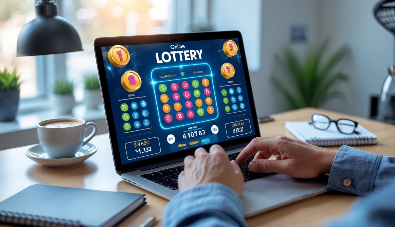 Seseorang menggunakan laptop dengan tampilan angka lotre digital di layar, di ruang kerja yang rapi dan terang.