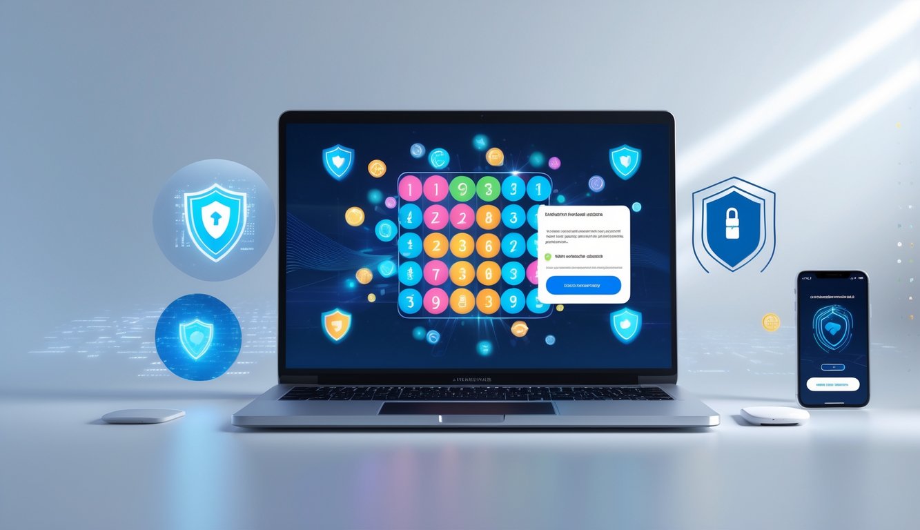 Meja kerja dengan laptop yang menampilkan antarmuka lotere digital, ponsel dengan konfirmasi pembayaran, dan ikon keamanan digital di latar belakang bersih.