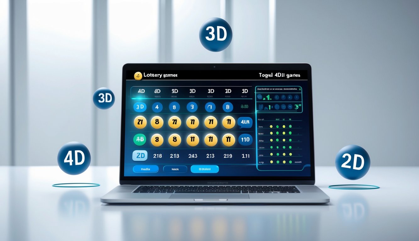 Sebuah meja kerja modern dengan laptop yang menampilkan antarmuka digital angka lotere dan grafik, menggambarkan konsep togel online 4D, 3D, dan 2D.