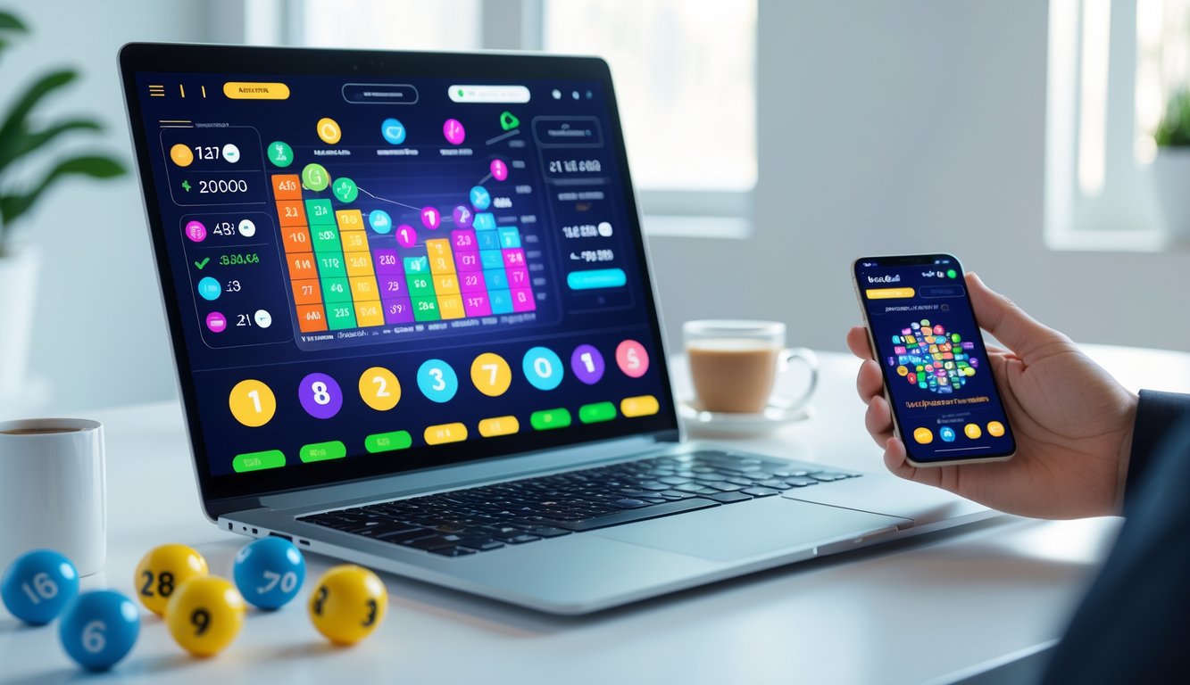 Seseorang menggunakan laptop dan ponsel untuk bermain togel online di meja kerja dengan bola togel dan secangkir kopi di sampingnya.