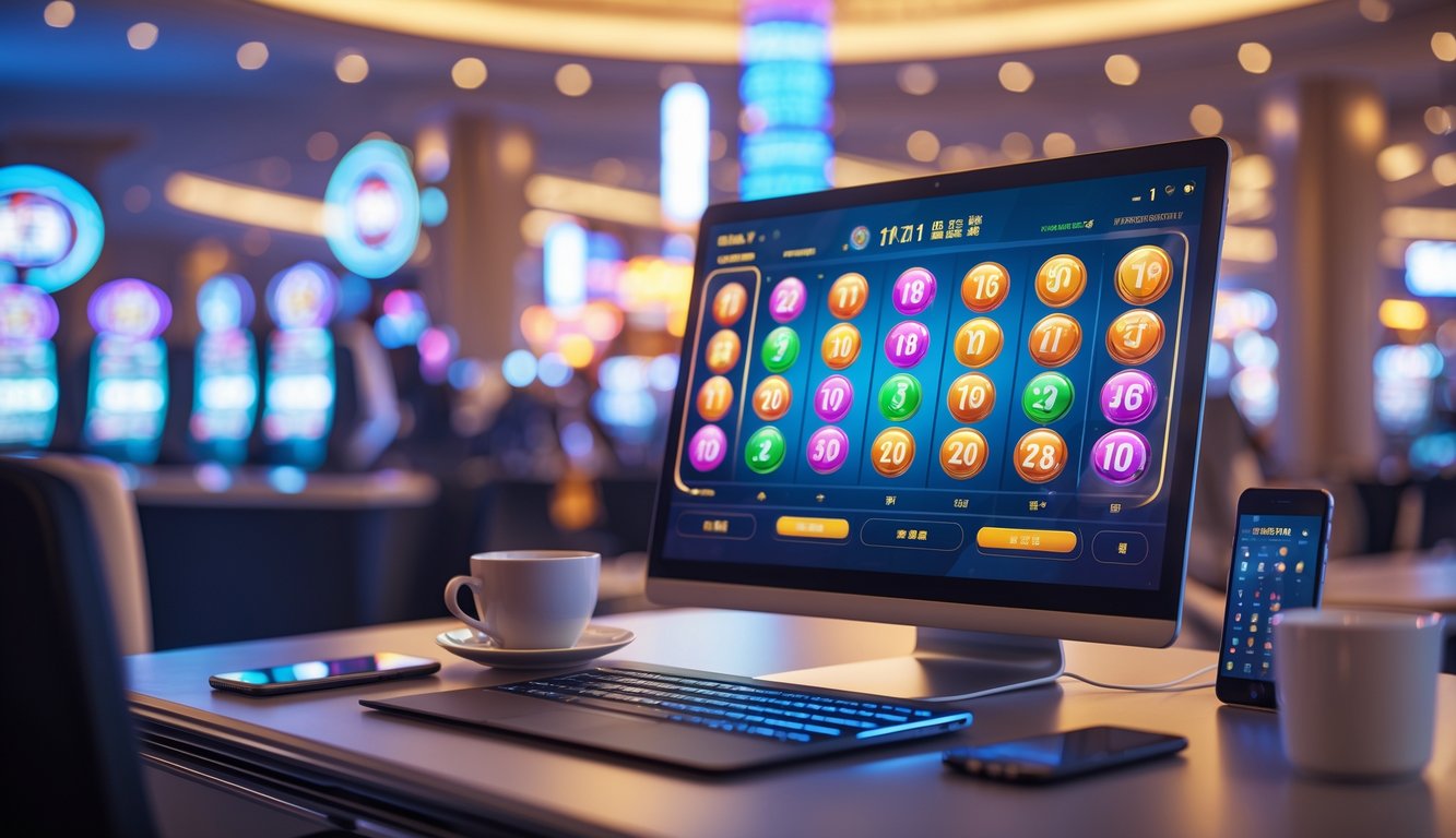 Seorang pria menggunakan komputer di meja yang rapi dengan latar belakang lampu kota dan bangunan kasino yang samar.