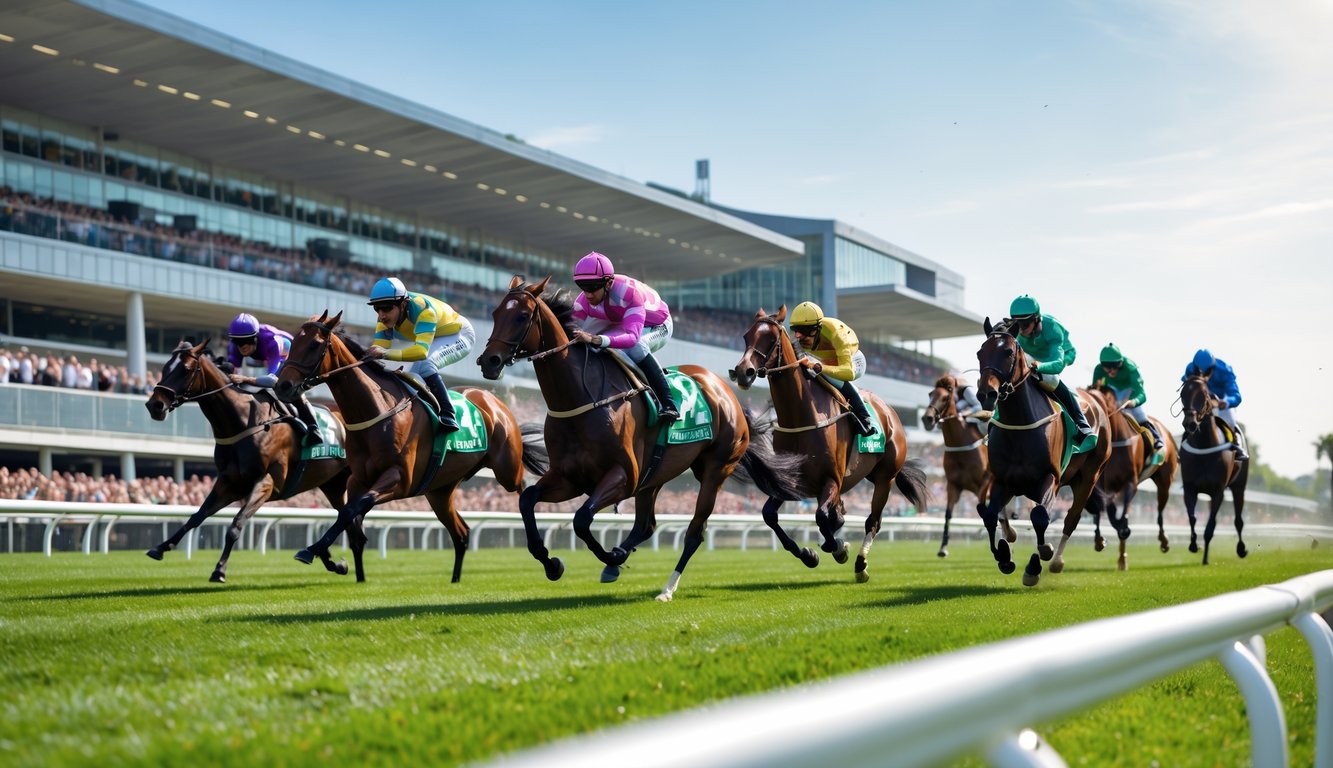 Lomba balap kuda dengan beberapa kuda dan joki sedang berlari di lintasan hijau, dengan tribun penonton di latar belakang.