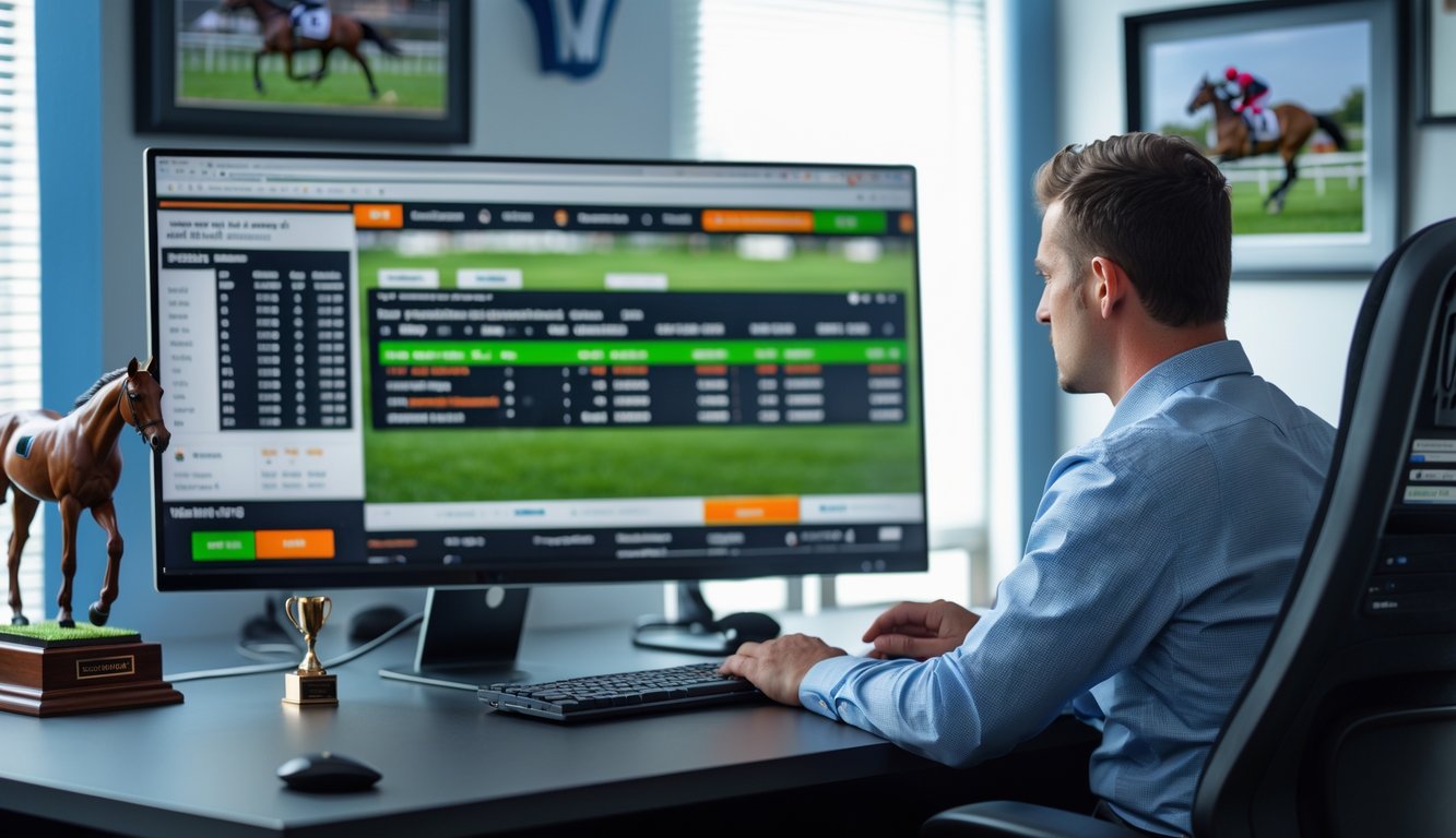 Seorang agen balap kuda online sedang bekerja di depan komputer dengan tampilan situs taruhan balap kuda di layar.
