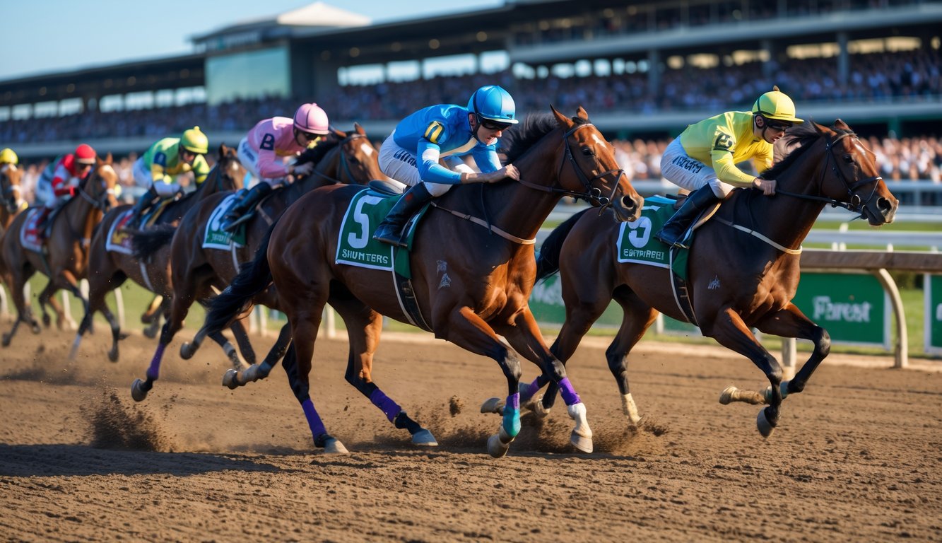 Beberapa kuda pacu dengan joki berwarna-warni sedang berlari cepat di lintasan balap dengan penonton di latar belakang.