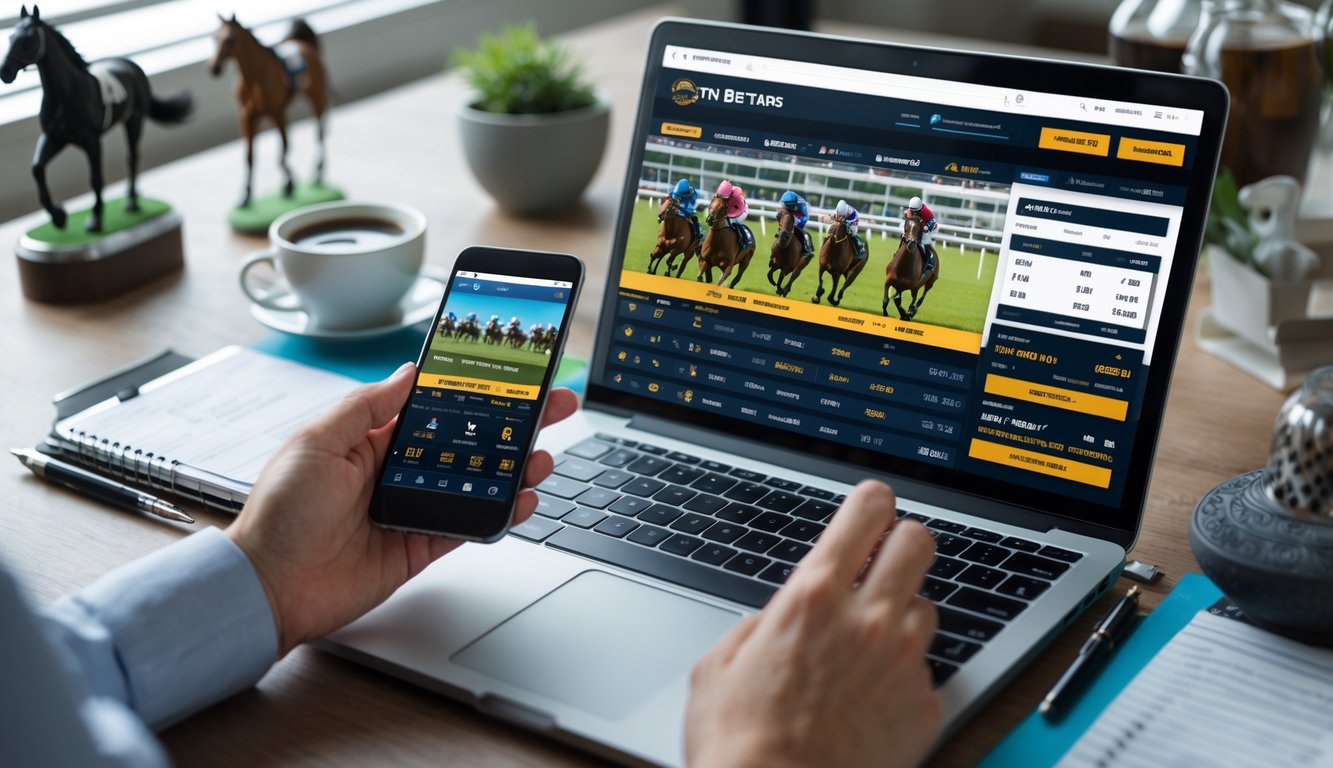 Seseorang menggunakan laptop dan ponsel untuk memasang taruhan balap kuda secara online di meja kerja yang rapi.