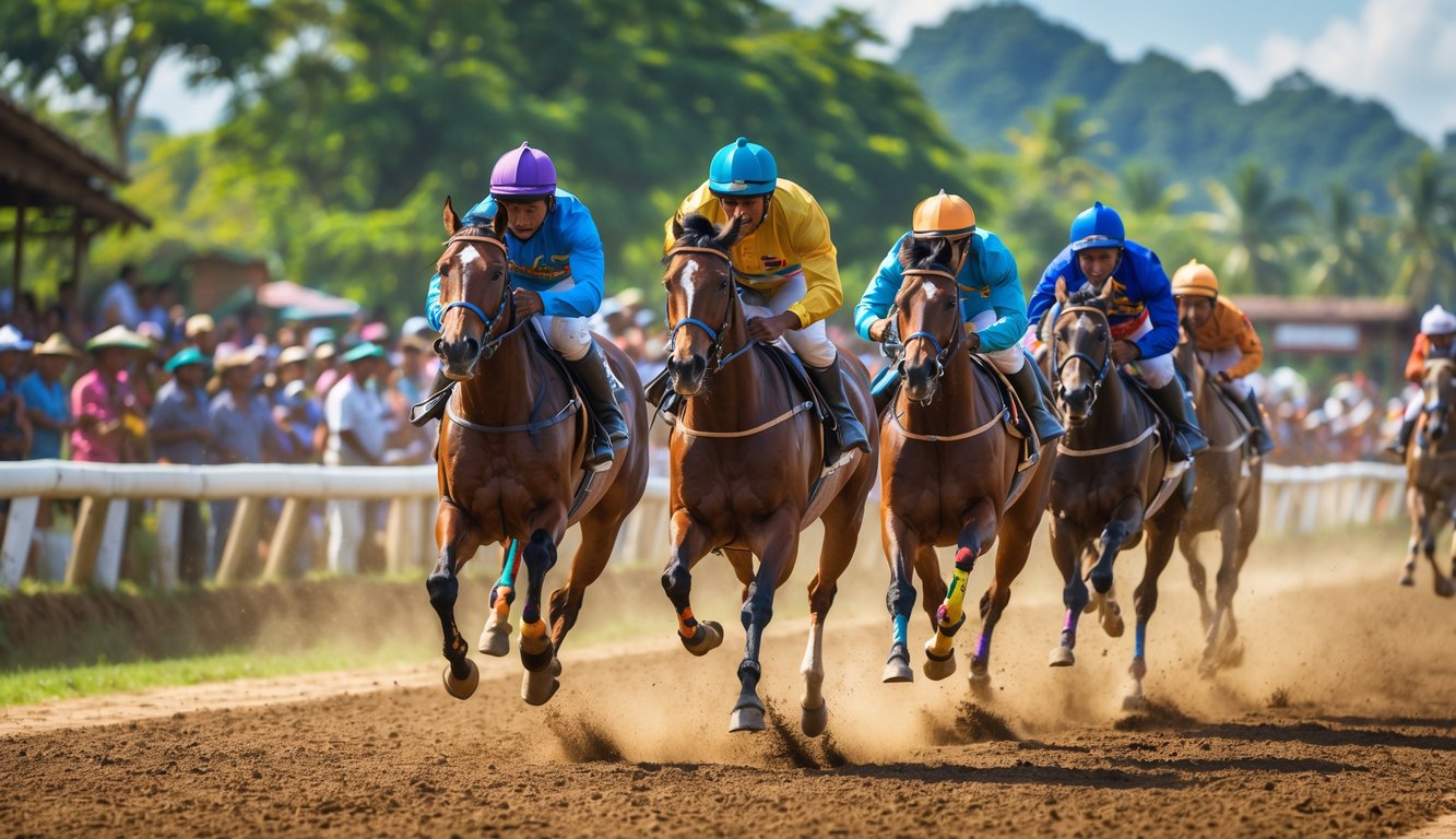 Balapan kuda tradisional Indonesia dengan joki mengenakan pakaian warna-warni di lintasan tanah, dikelilingi oleh penonton dan pemandangan alam hijau.