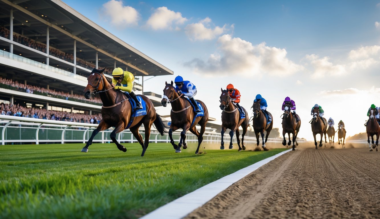 Beberapa kuda pacu berlari cepat di lintasan dengan joki mengenakan pakaian warna-warni dan penonton di tribun.
