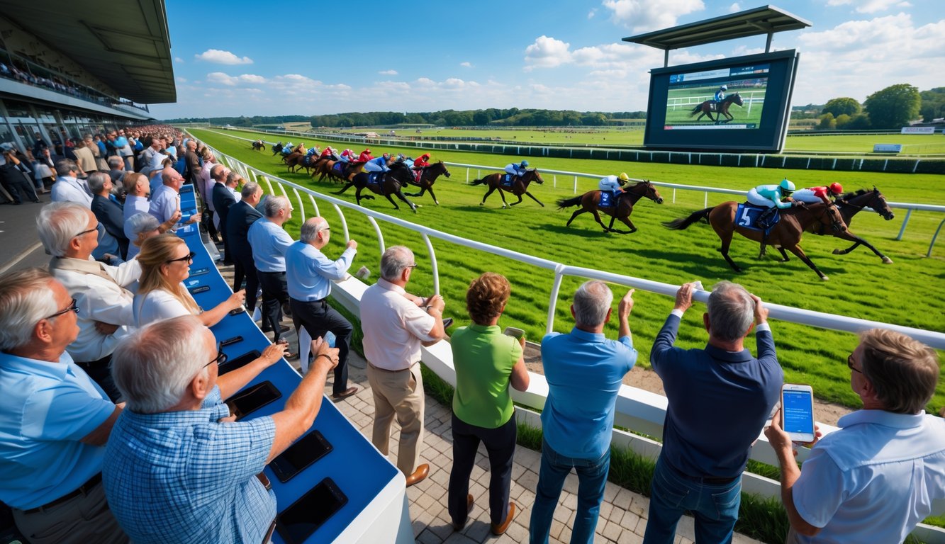Orang-orang menonton balapan kuda secara langsung dan memasang taruhan di arena balap kuda.