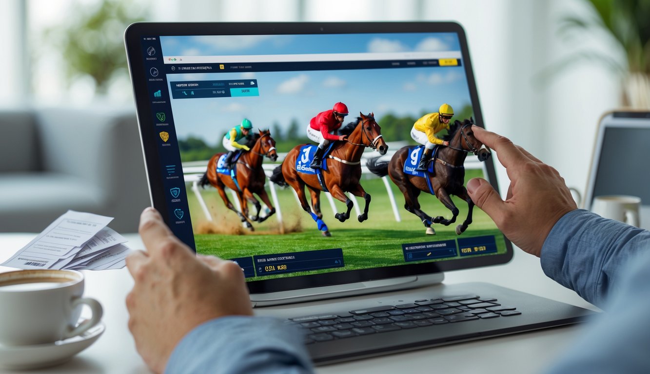 Seseorang menggunakan perangkat digital untuk memasang taruhan pada balapan kuda virtual di layar.