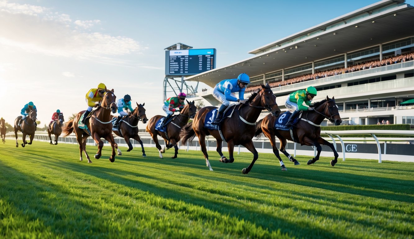 Beberapa kuda pacuan berlari cepat di lintasan balap dengan joki mengenakan pakaian warna-warni, latar belakang tribun penonton dan langit cerah.