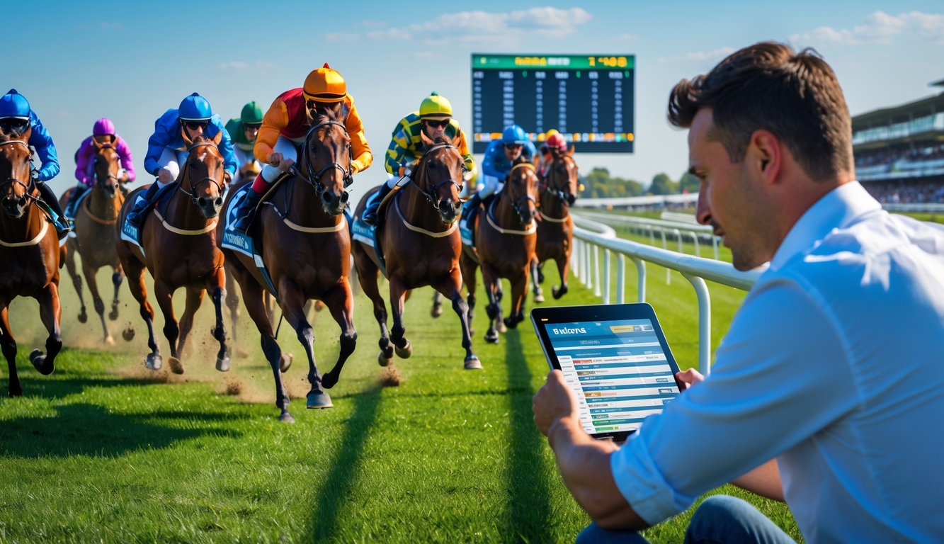 Seorang petaruh fokus melihat tablet di dekat arena pacuan kuda dengan beberapa kuda dan joki sedang berlomba di lintasan.