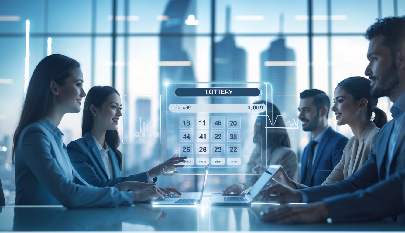 Sekelompok orang profesional menggunakan antarmuka digital transparan dengan latar belakang kota futuristik yang menunjukkan layanan togel online terpercaya.