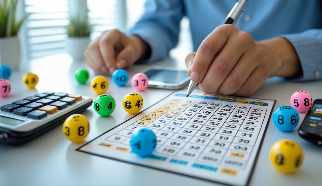 Tangan seseorang memegang pena di atas tiket togel dengan angka, di meja terdapat bola togel bernomor, kalkulator, dan ponsel dengan aplikasi togel.
