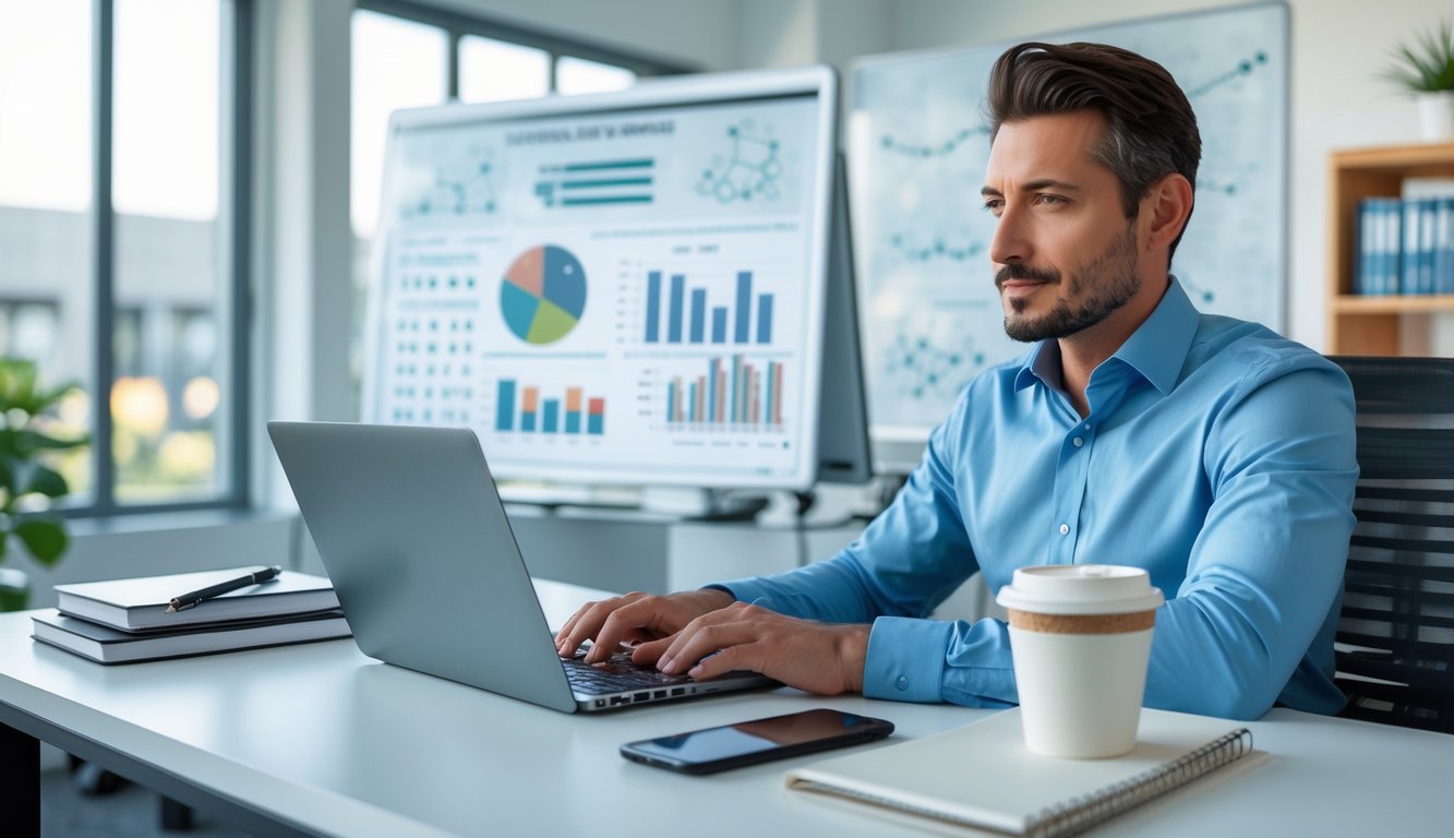 Seorang pria duduk di meja kantor modern sambil melihat layar laptop dan menganalisis data terkait strategi togel online.