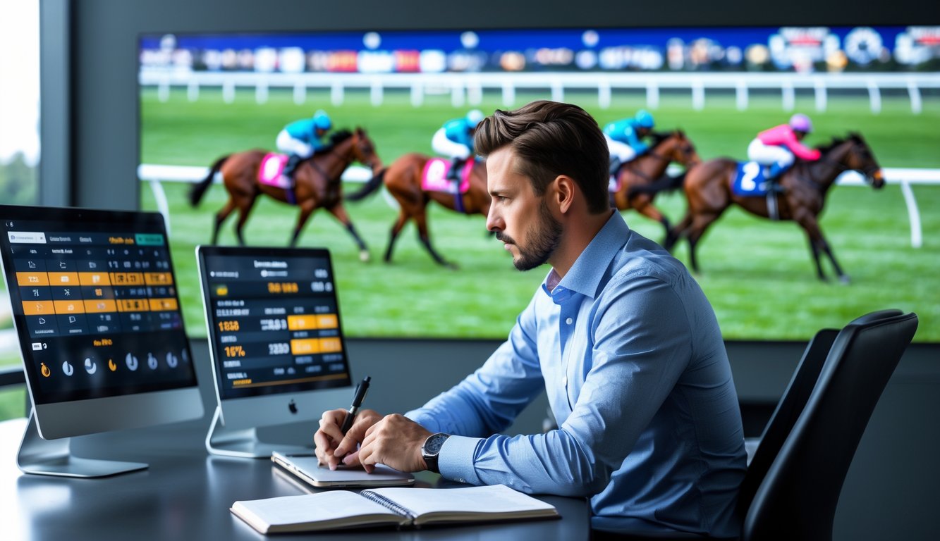 Seorang pria fokus menganalisis data taruhan balap kuda dengan perangkat digital dan layar menampilkan balapan kuda di latar belakang.