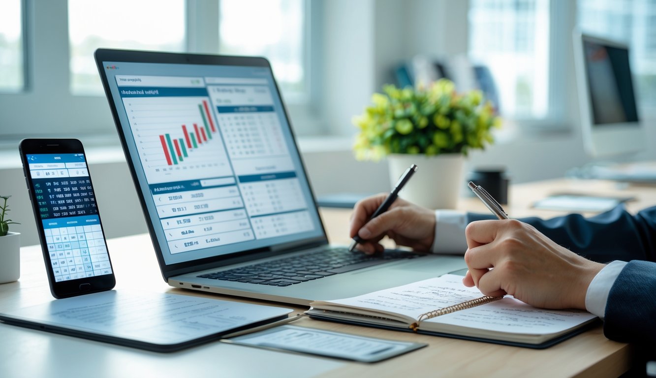 Meja kerja dengan laptop, ponsel, dan buku catatan yang digunakan seseorang untuk panduan taruhan togel.