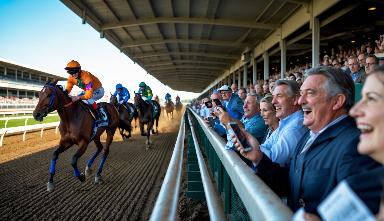 Suasana menegangkan di lintasan pacuan kuda dengan joki menunggang kuda berlari cepat dan penonton yang antusias memasang taruhan.