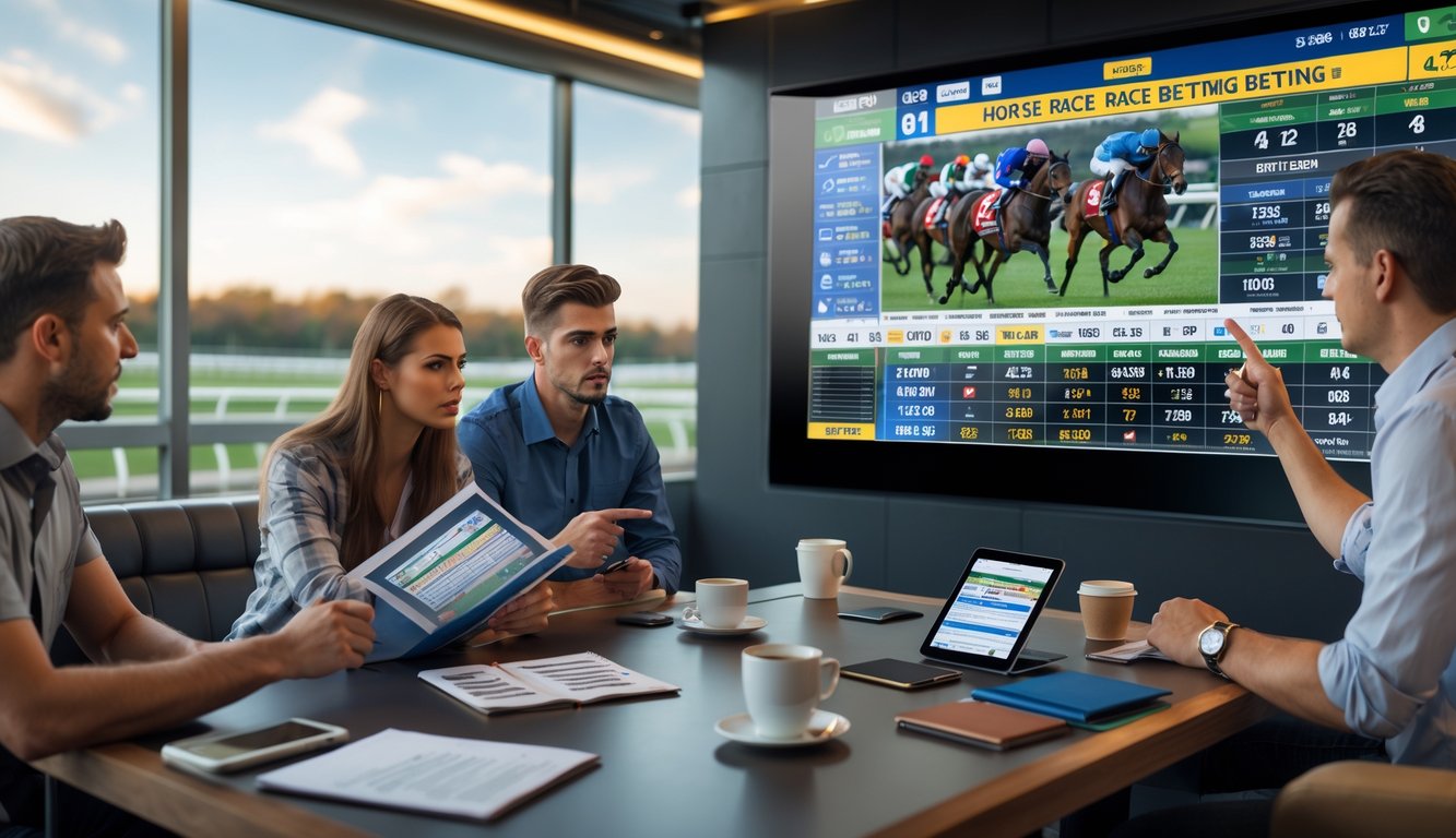 Beberapa orang sedang belajar taruhan balap kuda dengan layar besar menampilkan informasi balapan di sebuah ruang taruhan modern.