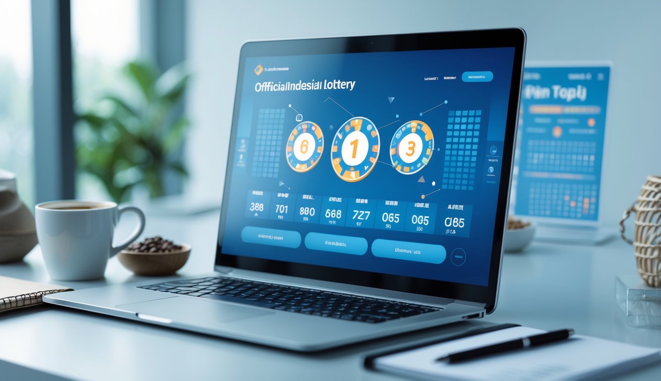 Sebuah meja kerja dengan komputer yang menampilkan grafik angka lotere dan elemen budaya Indonesia di latar belakang.