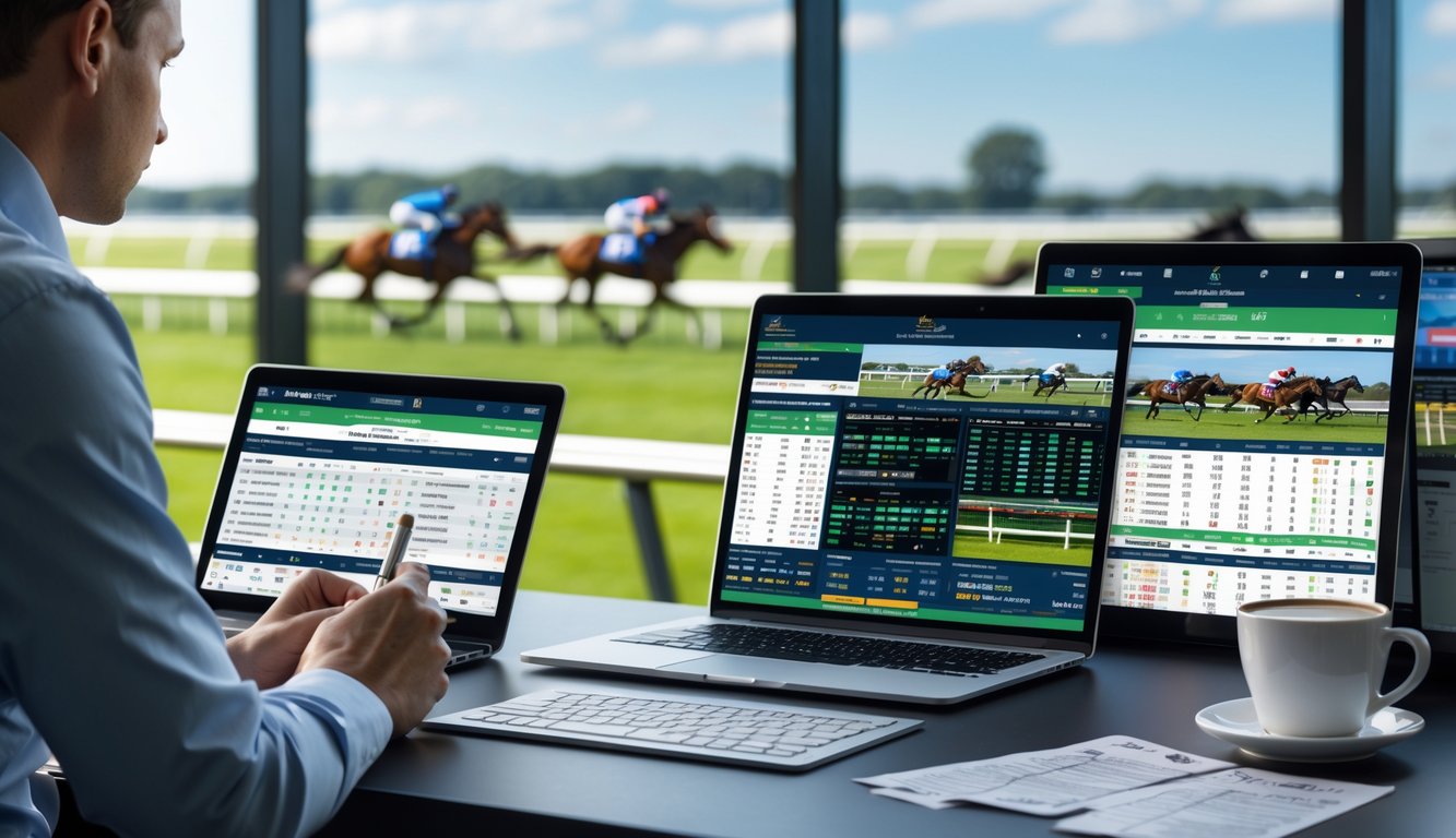 Seseorang sedang menganalisis data performa kuda balap menggunakan laptop dan tablet di meja dengan latar belakang lintasan pacuan kuda.