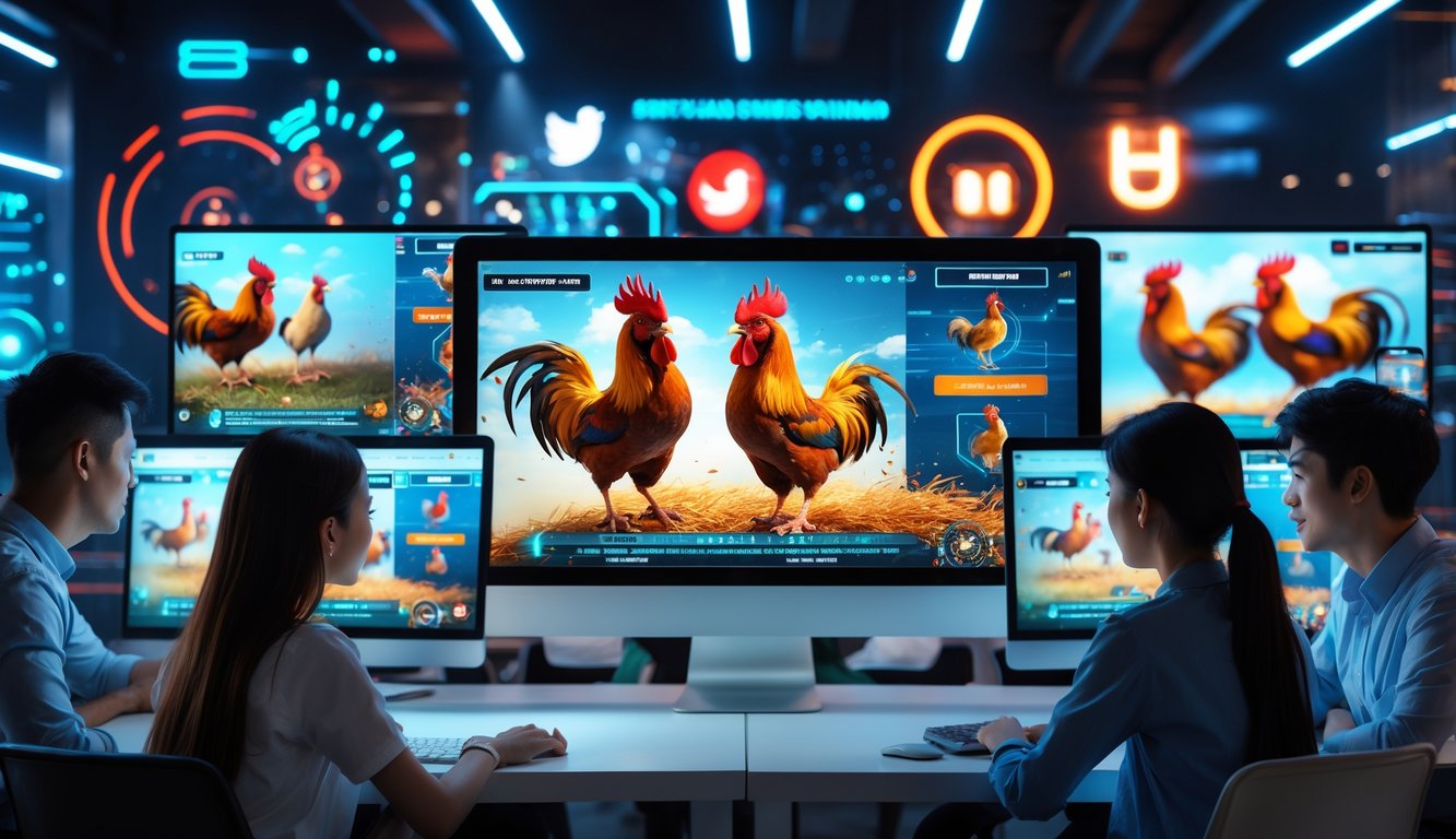 Beberapa orang muda menonton pertarungan ayam digital di layar komputer dan ponsel dalam ruangan modern dengan pencahayaan biru dan merah.