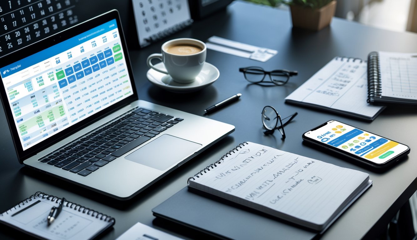 Meja kerja dengan laptop, ponsel, dan catatan yang menunjukkan aktivitas strategi taruhan togel.