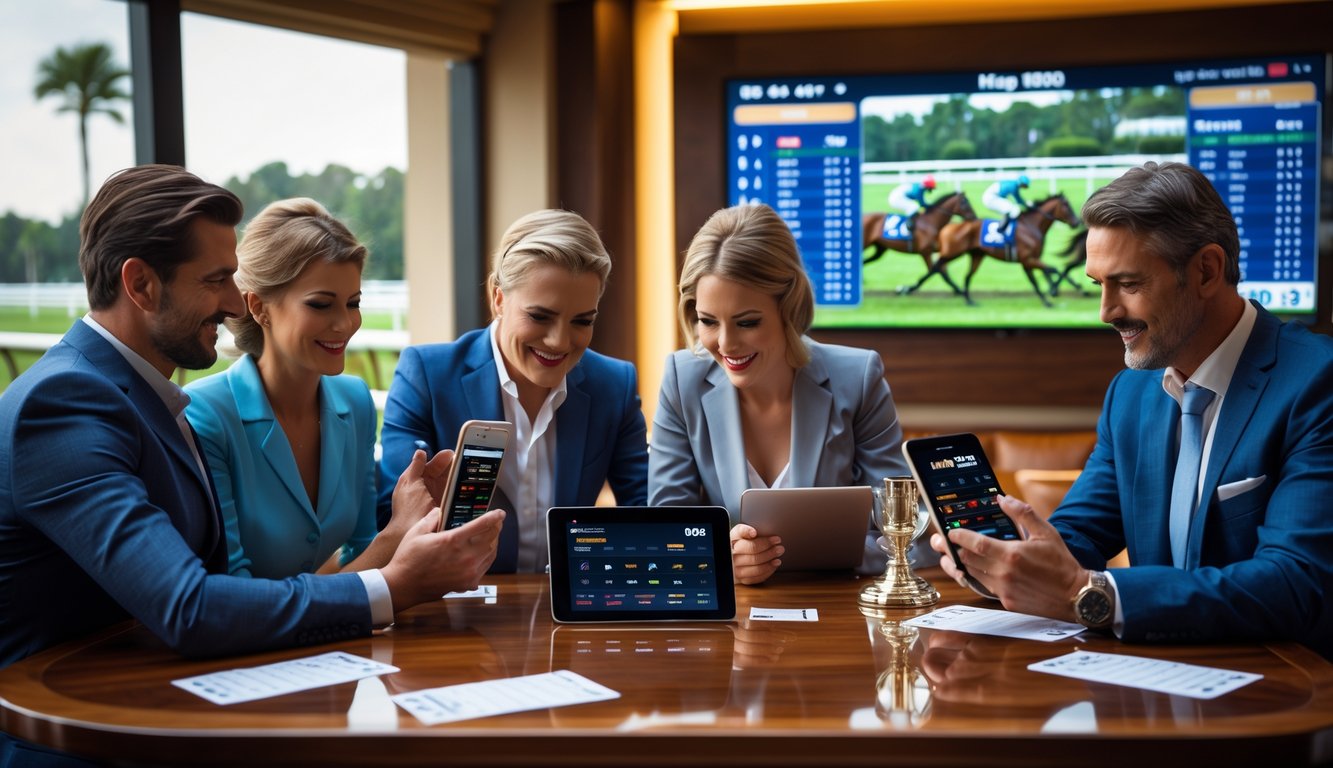 Sekelompok orang menggunakan perangkat digital untuk bertaruh pada balap kuda di sebuah lounge modern dengan latar belakang lintasan balap kuda aktif.