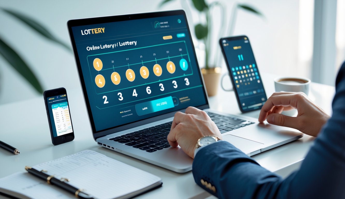 Seseorang menggunakan laptop di meja kerja dengan tampilan antarmuka lotere digital, dikelilingi oleh ponsel, cangkir kopi, dan buku catatan.
