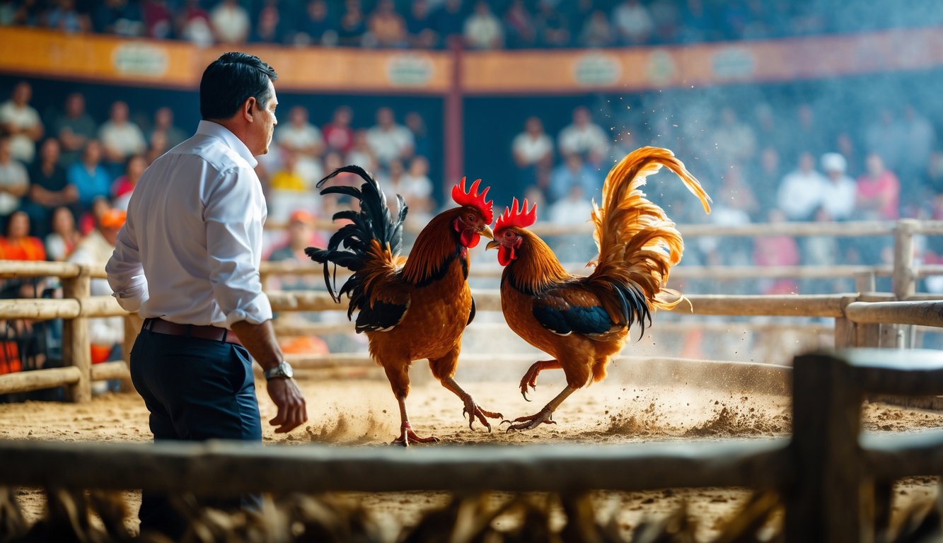 Pertarungan sabung ayam langsung dengan dealer profesional di arena yang ramai.