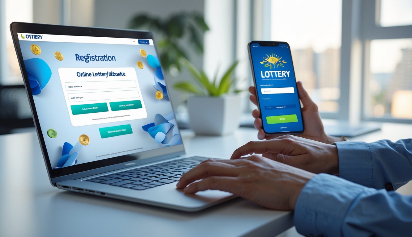 Meja kerja modern dengan laptop dan tangan seseorang sedang mengetik formulir pendaftaran situs togel online.