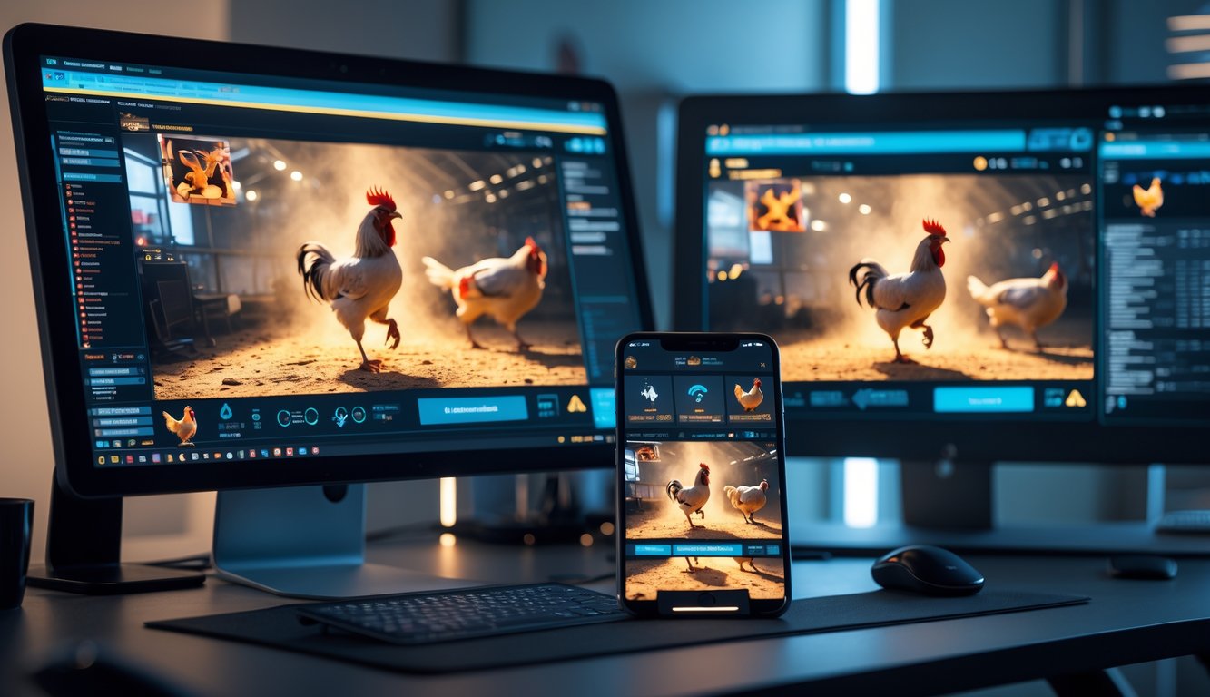 Sebuah ruang kerja modern dengan komputer dan ponsel yang menampilkan pertandingan sabung ayam secara langsung menggunakan teknologi streaming canggih.