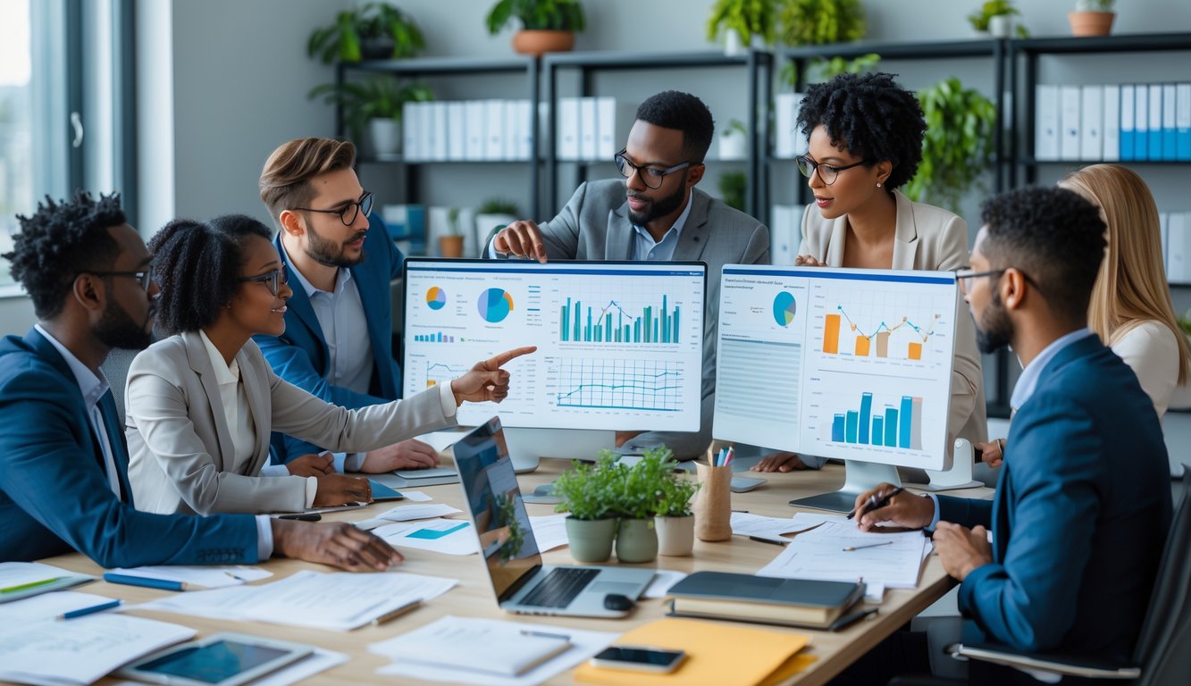 Sekelompok orang sedang bekerja bersama di kantor dengan layar komputer yang menampilkan data dan grafik.