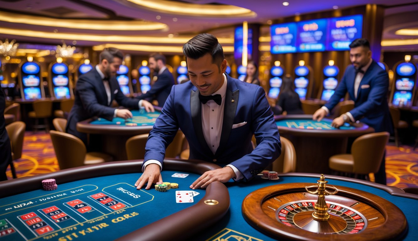 Suasana kasino modern dengan meja permainan langsung dan pemain yang sedang bermain kartu dan roulette.