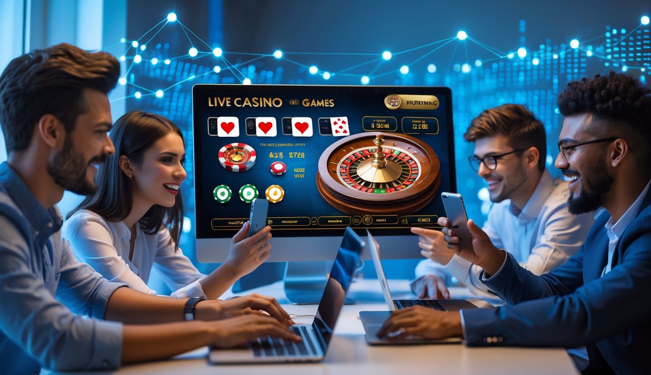 Sekelompok orang muda bermain permainan kasino langsung secara online di ruang kerja modern dengan komputer dan perangkat digital.