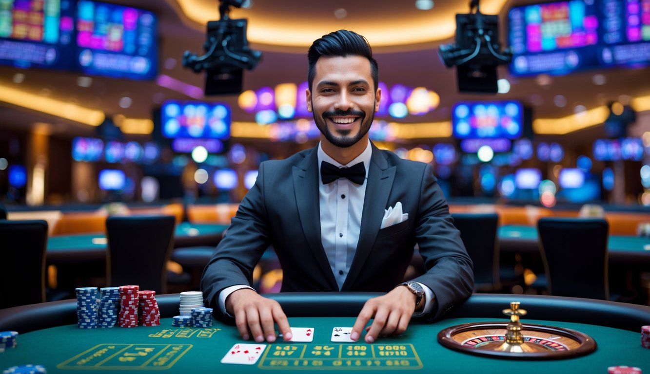 Seorang dealer profesional tersenyum di meja permainan kasino langsung dengan latar belakang interior kasino modern dan peralatan permainan.