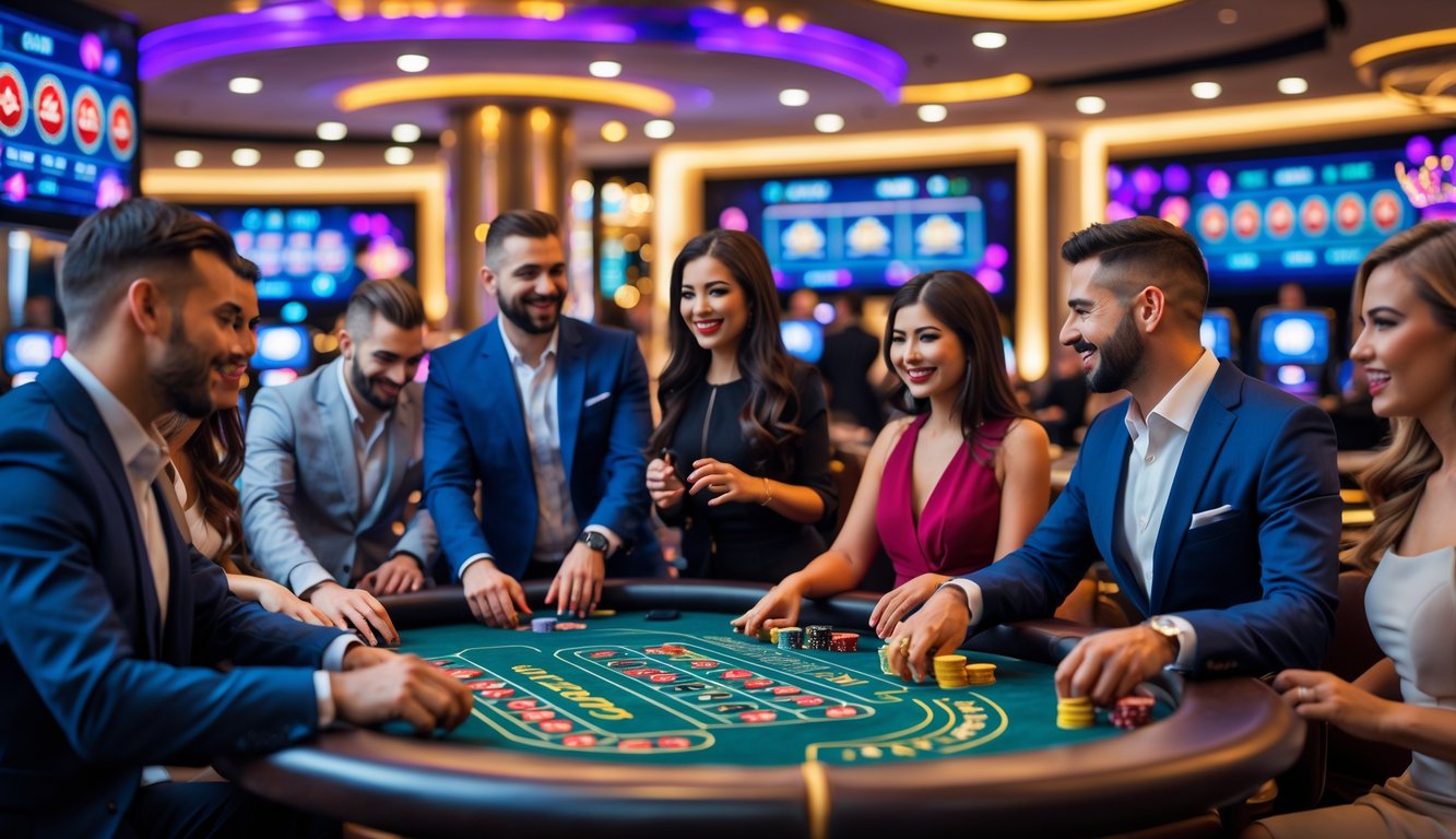 Orang-orang sedang bermain permainan kasino langsung dengan suasana yang penuh semangat dan tantangan.