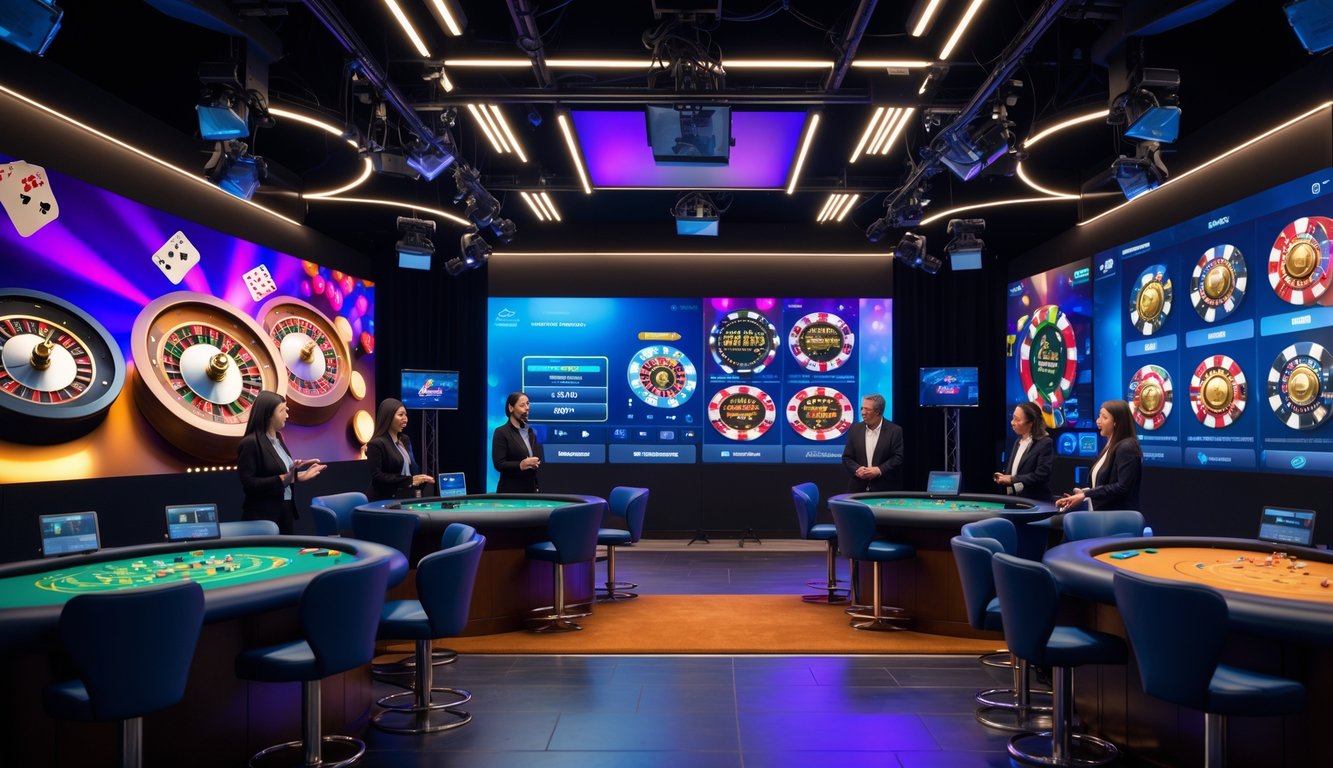 Suasana studio kasino langsung modern dengan dealer yang sedang bermain dan teknologi streaming terbaru.