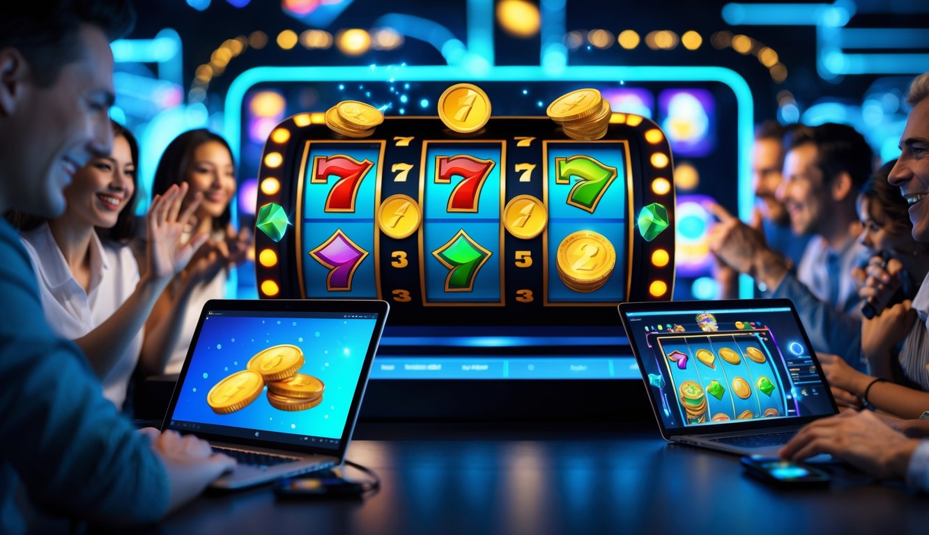 Orang-orang bermain permainan slot online dengan antusias menggunakan perangkat digital di lingkungan kasino virtual yang modern dan berwarna-warni.