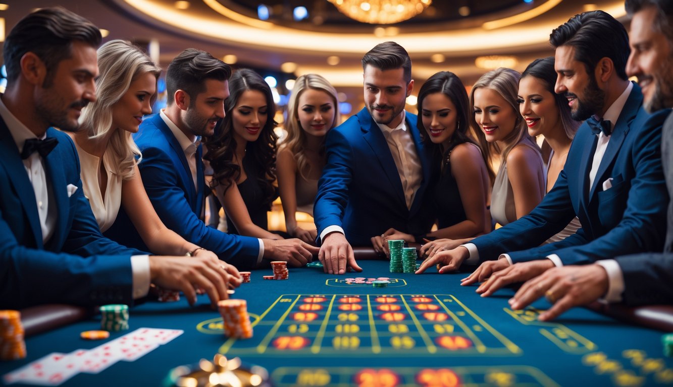 Sekelompok pemain yang serius bermain di meja kasino langsung dengan dealer di tengah, suasana penuh semangat dan fokus.